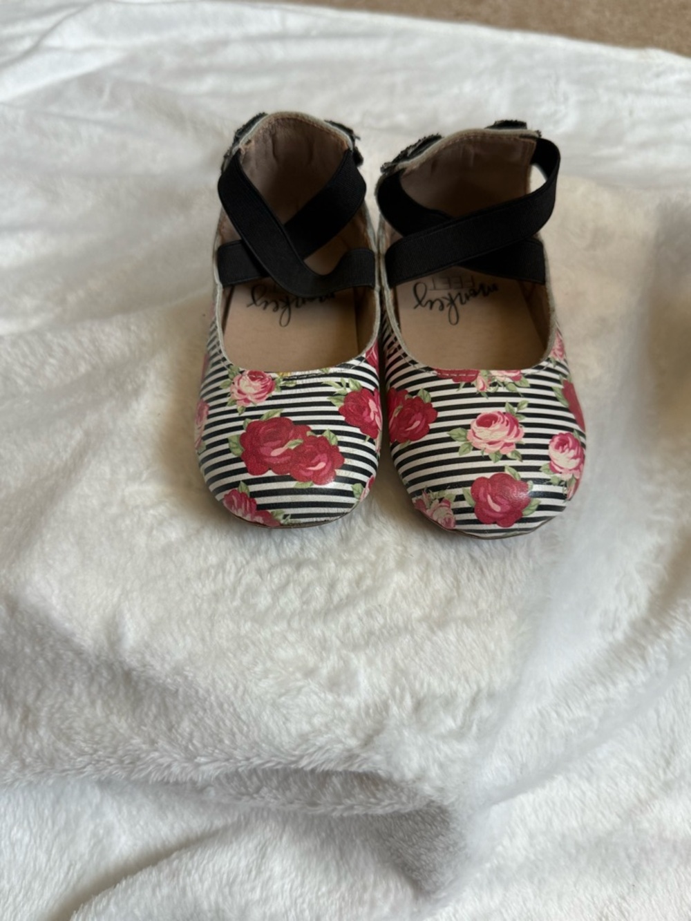 Monkey Feet Girls Floral Stripe Mary Janes in Black, White & Pink